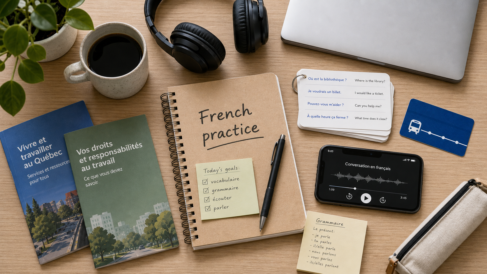 Canada-focused French practice desk with bilingual phrase cards, audio practice, and study materials