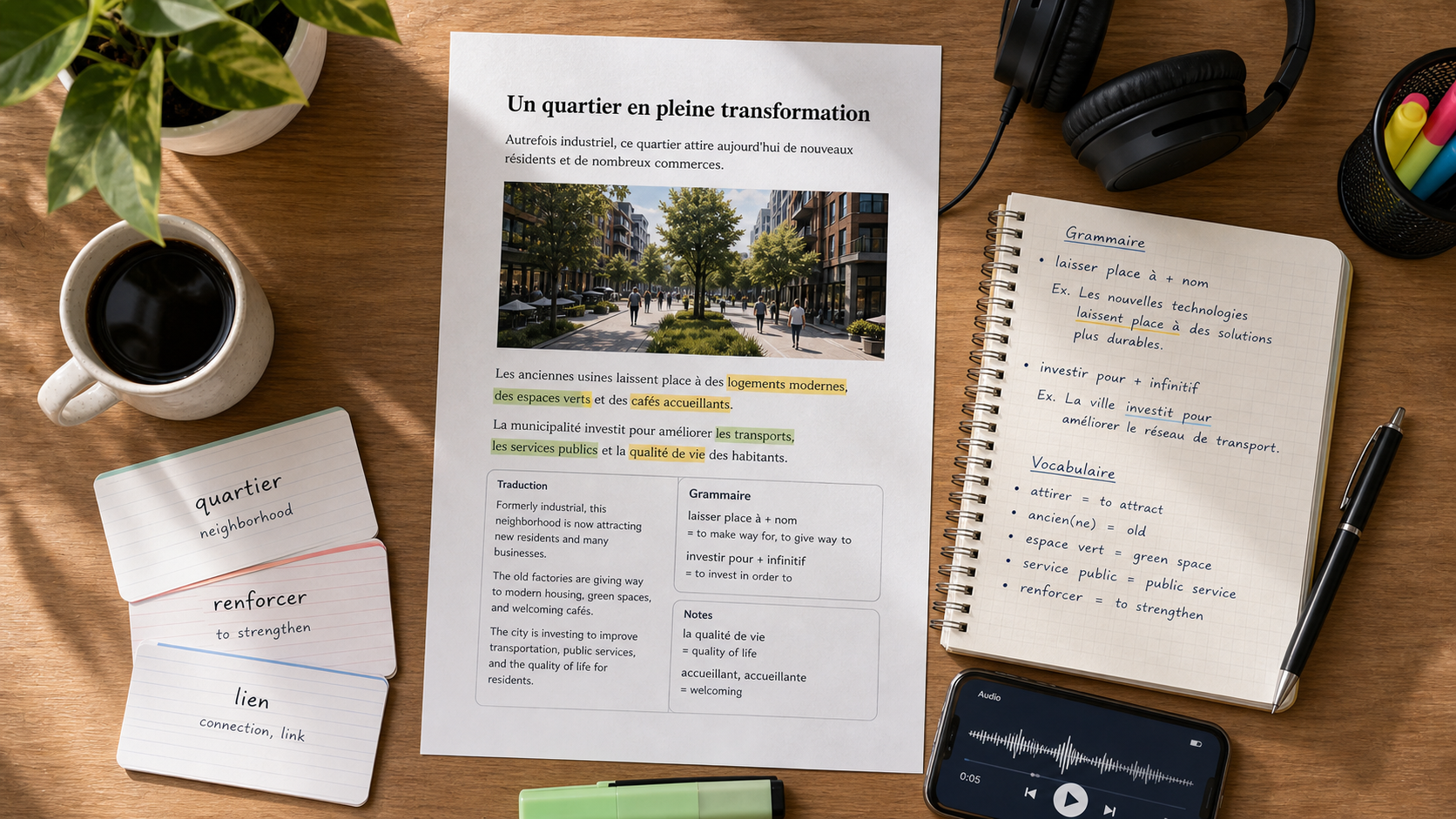 French article study desk with grammar notes, vocabulary cards, headphones, and audio practice