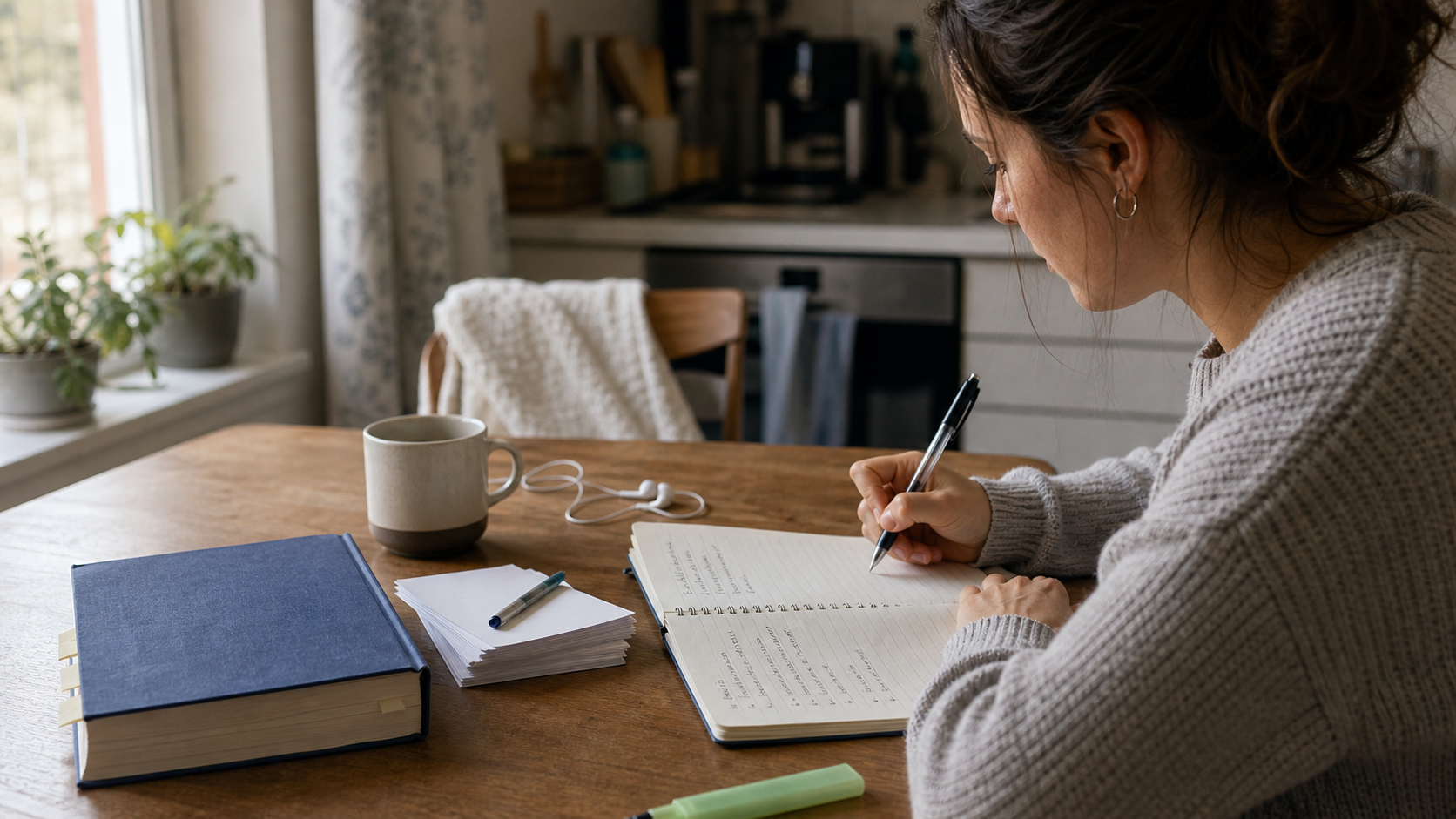 Learner studying for TEF Canada and TCF Canada with French test prep notes, headphones, and speaking practice microphone